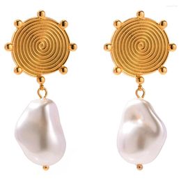 Dangle Earrings ALLME Charms 18K Gold PVD Plated Titanium Steel Irregular Baroque Pearl Growth Ring Disk Long Drop For Women Gifts