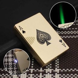 Lighters Creative Playing Cards Fun Lighter Metal Outdoor Windproof Green Flame Recycling Butane Gas Cigarette Lighter Men's Gift YQ240124