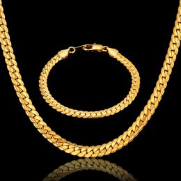 Punk Flat Snake Link Chain Set Male 14k Yellow Gold Necklace Bracelet Set For Men Vintage Jewelry Sets