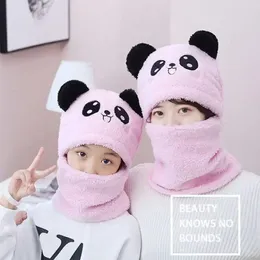 Berets Fashionable Autumn Winter Cute Panda Pattern Children's Cartoon Scarf Hat Two Sets Of Double Wool Windproof Warm Boys Girls Cap