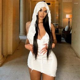 Casual Dresses Deep V White Hooded Dress Fashion Women Sleeveless Backless Tassel Sexy Slim Mini Includes Headwear Robes Party Clubwear