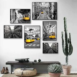 Paintings Portugal Lisbon Historic Architectural Posters and Prints Black White Wall Pictures Decor Old Street Yellow Tram Canvas Painting