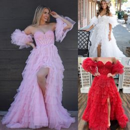 Glitter Tulle Prom Dress 2k24 Lace Corset Bodice Ruffle Slit Young Lady Pageant Winter Formal Evening Cocktail Sweet 16 Birthday Party Hoco Gala Gown Pink Red Sherri