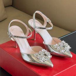 Top quality Rhinestone Square buckle Silver slingback heels Satin Crystal sandals Stiletto heel dress shoes Patent leather Luxury designer Wedding Dinner shoes