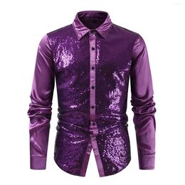 Men's Casual Shirts Men Shirt Club Dance Lapel Collar Sequin Ingle-Breasted Slim Fit Glossy Long Sleeve Party Performance Top