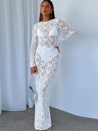 Casual Dresses Woman Clothing Sexy Hollow Out Lace 2024 O-neck Bodycon See Through Long Maxi Dress White Black Evening Party Outfit