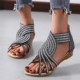 Sandals Summer Women'S Fashion Vintage Crystal Ladies Outdoor Hollow Out Zip Up Shoes Womens Comfort 2024
