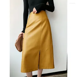 Skirts Midi Below Knee 2024 Yellow Black Soft Leather Skirt Women Zipper Long Straight For High Waist