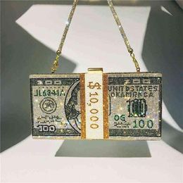 Creative Fashion New Money Clutch Rhinestone Purse 10000 Dollars Stack Bags of Cash Evening Handbags Shoulder Wedding Dinner Bag X318n