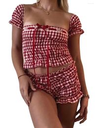 Skirts Women Summer Shorts Outfits Plaid Lace Trim Tie-Up Square Neck Short Sleeve Tops 2 Pieces Clothes Set