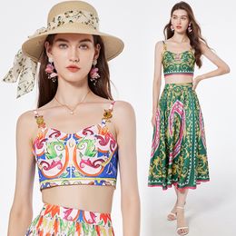 Casual Vacation Beach Dress Sets Paisley Floral Suspender top and Fit Maxi Skirt Vintage Elegant Women Designer Party Two Piece Set Summer Holiday Woman Clothes