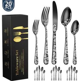 Camp Kitchen Explosive Pattern Stainless Steel Tableware 5 Components 20 Pieces Set Western Food/Steak Knife and Fork Spoon Kit Tableware Set YQ240123