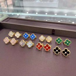 Van Clover High version Golden Four Leaf Grass Ear Studs Female White Fritillaria Red Chalcedony Diamond Ear Patches Colour Protection Allergy Preventi