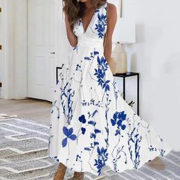 Casual Dresses Maxi Dress Elegant Pattern Print Party Summer Deep V Neck Sleeveless Streetwear Female A-Line Big Hem Slim Evening