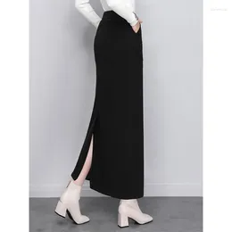 Skirts Women Maxi Skirt Black Slit High Waist Faux Wool Winter Bodycon Long Female Elegant Autumn Vintage Casul Lady Faldas