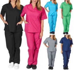 Women039s Pants Capris Solid Color Unisex Men Women Short Sleeve V Neck Nurses Scrubs TopsPants Nursing Working Uniform Set 9422300