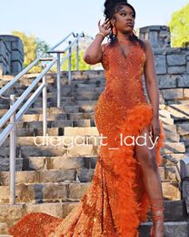 Orange Luxury African Evening Reception Dresses for Women Sparkly Diamond Feather Velvet Slit Prom Gown Black Girl