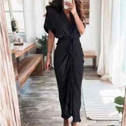 Casual Dresses Summer Dress Elegant Satin Shirt Women Button Short Sleeve Tunic Midi Ladies Office V Neck Slit Draped Party