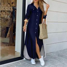 Casual Dresses Summer Women's Fashion Elegant Shirt Long Dress Spring Lapel Sleeve Buttons Ladies Office Holiday Clothing