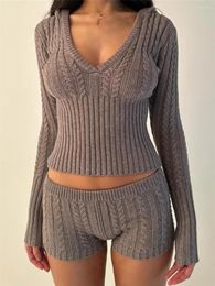 Women's Tracksuits Chic 2 Piece Set Women Twist V Neck Cropped Sweater And Mini Shorts Sets Y2K Aesthetic Casual Knit Pullovers Short Pant