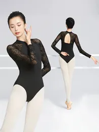 Stage Wear High Collar Ballet Leotard Women's Dance Dress Elegant Black Lace Adult Long Sleeved Fitness Gymnastics