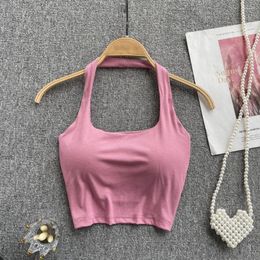 Women's Tanks Female's Sporty Yoga Elastic Cotton Camis Sweet Square Neck Halter Pink Crop Top Off Shoulder Backless Corset With Chest Pad