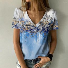 Women's T Shirts Summer Top Breathable V-Neck Short Sleeve Slim Fit Women T-shirt Floral Themed Abstract Print Fashion Streetwear