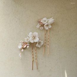 Hair Clips 1Set White Ceramic Flower Comb For Bridal High Quality Simple Gold Colour Leaf Wedding Accessories Tiara Pearl Prom Jewellery