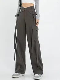 Women's Pants Aoaiiys Cargo For Woman Chic Crossover Tie Pockets High Streets Straight Fashion Waisted Full Length Trousers