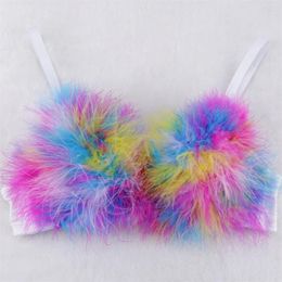 Women's Tanks Feather Bras For Women Cropped Top Nightclub Party Stage Sexy Bra Patchwork Ostrich Fur Camisole Female Tank Tops Y4530