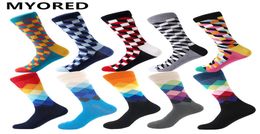 MYORED Mens Colorful Casual Dress Socks Combed Cotton Striped Plaid Geometric Lattice Pattern Fashion Design High Quality 2009245753698