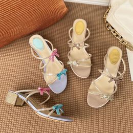 Dress Shoes Bow Sandal Colourful Rhinestone Fairy Style In The Heel Block Crossover With Open-toed Sandals For Women Sweet Sexy