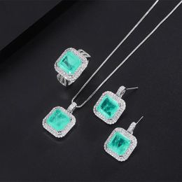 Sets Charms Square Paraba High Carbon Diamond Pendant Necklace Earring Adjustable Ring Women Wedding Anniversary Jewellery Gift Fashion