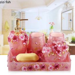 Sets Pink Floral Texture Bathroom Set Soap Dispenser Toothbrush Holder Cup Soap Dish Tray Nordic Household Bath Storage Supplies