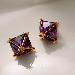 Stud Earrings European And American Style Fashion Trend Simple Small Purple Square Gem