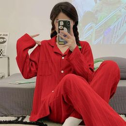 Women's Sleepwear 2024 Korean Version Of Spring Autumn Pyjamas Long Sleeve Red Ladies Cotton Nightdress Loose Home Wear Set