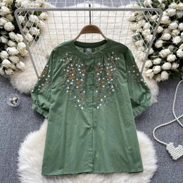 Women's Blouses Bohemian Camisa Feminina O Neck Embroidery Puff Sleeve Solid Color Blouse Women Ethnic Style Button Blusas Mujer Summer