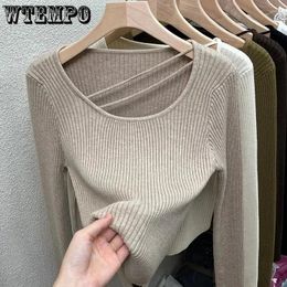 Women's Sweaters Unique Square Neck Knitwear Short Top Slim Thin Sweater High Waist Navel Expose Sweet Base Shirt Korean Fashion