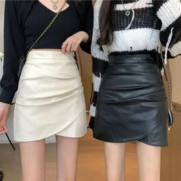 Skirts Irregular Pleated Small Leather Skirt For Women's 2024 Autumn/Winter High Waist A-line Wrapped Hip Short PU Half