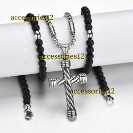 Pendant Necklaces Black Stone Cross Pendant Mens Rosary Necklaces 14K White Gold Catholic Crucifix Pendant Necklace Chain Gift 2024 Designer Jewelry Necklaces