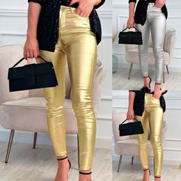 Women's Pants Fashion Silver Gold Party Leather Mardi Gras Vintage Glitter Trousers Solid Colour High Waist Slim