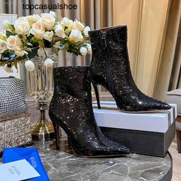 Aquazzura Aura High Heel Sequin Colorful Glitter Heels Boots Pleated Ankle Boot Pumps Womens Shiny Leather Diamond Designer Stiletto Fashion Shoes Factory Footwea