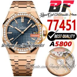 BFF 34mm 77451 A5800 Automatic Ladies Watch 50th Anniversary Diamonds Bezel Rose Gold Blue Textured Dial Stainless Bracelet Super Edition Tr