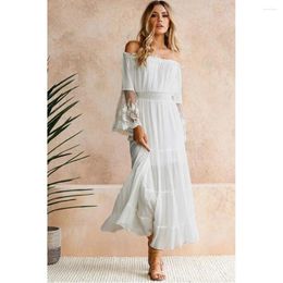 Casual Dresses White Sexy Off The Shoulder Beach Sundress Flare Long Sleeve Splice Lace Women Summer Vestidos