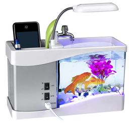 Tanks Fish Tank Usb Mini Aquarium Creative Fish Jar with Water Pump Led Light Lamp Desktop Calendar Alarm Clock Aquariums Fish Bowl