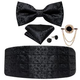 Black Floral Silk Wedding Men's Cummerbunds Bow Tie Brooch Set Tuxedo Formal Wide Belt Ceremonial Belt Elastic Waistband DiBanGu 240119