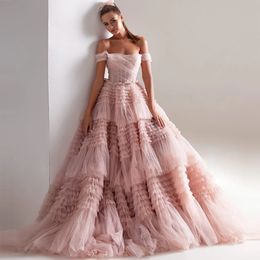 Stunningbride 2024 Dusty Pink Long Wedding Dresses Sweetheart Crumpled Tulle Ruffles Off Shoulder Tiered A-Line Party Princess Bride Gowns