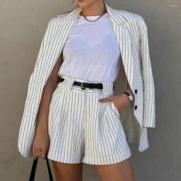 Women's Tracksuits 2 Pcs/Set Coat Shorts Set Striped Turn-down Collar Single-breasted Long Sleeve Loose High Waist OL Commute Style Lady