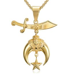 Fashion Gold Silver Stainless Stee Shriner Necklace Scimitar Moon Star Shrine Pendant Masonic mason pharaoh Jewellery For Men8018793