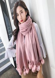 Scarves Real Fur Pompom Pink Scarf For Women Solid Colour Yellow Cashmere Winter Shawl Female White Black Hijab Stole7785141